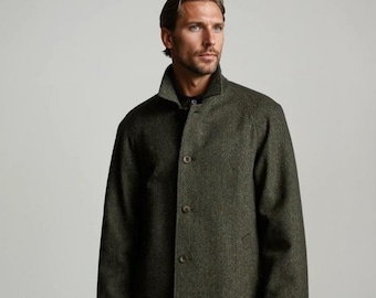 Men&#39;s Tweed Herringbone Olive Green Long Coat Winter Wear Trench Coat Business Professional Overcoat Vintage Coat
