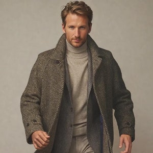 Men&#39;s Vintage Herringbone Wool Trench Coat - Black & Off White