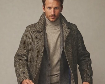Men&#39;s Vintage Black Off White Herringbone Long Coat Woolen Trench Coat Casual Overcoat Winter Outwear long Jacket