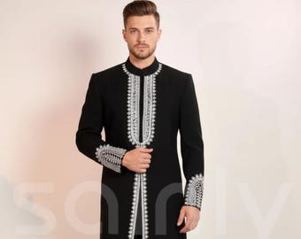 Conjunto de sherwani bordado negro para hombre / Traje de boda festivo
