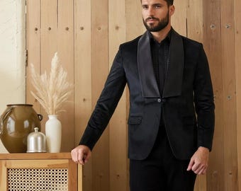 Men Velvet Tuxedo Black Blazer & Groom Wedding Coat Stylish Black Dinner Jacket