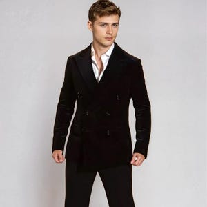 Men Black Double Breasted Velvet Suit Elegant Two Piece Suit Groom Wedding Suit Dinner Party Suit Prom Suit
