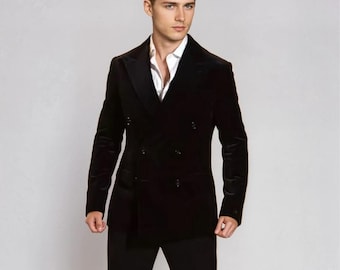 Black Velvet Double Breasted Suit: Men's Elegant Flared Pant Wedding Suit
