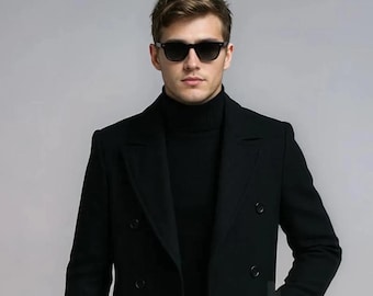 Men's Black Tweed Overcoat, Double Breasted Wool Winter Coat