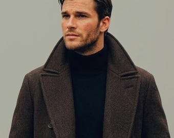 Men Herringbone Coffee Brown Double Breasted Long Coat Tweed Winter Jacket