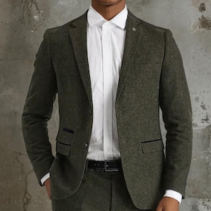 Men Olive Green Tweed Suit Vintage Two Piece Suit & Wedding Suit Groom Wear Suit Prom Suit Men
