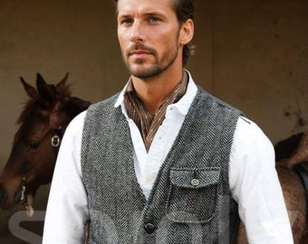 Men Vintage Gray Herringbone Tweed Vest Stylish Retro Autumn Winter Warm Waistcoat Custom Waistcoat Vintage 1920s Wool Vest For Men