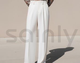 Pantalones blancos acampanados para hombre - Pantalones de talle alto y pierna ancha con hebilla lateral