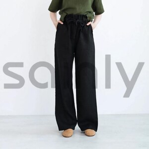 Women Wide Leg Linen Pants Black High Waist Pant Paper Bag Waist Pants Summer Beach Trouser