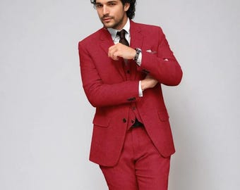 Men Tweed Red Three Piece Suit Wedding Suit Men Dinner Suits Men Winter Suit
