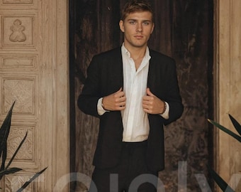 Men's Two Piece Black Linen Suit | Custom Casual Tailored Blazer and Trousers Set for Beach Weddings