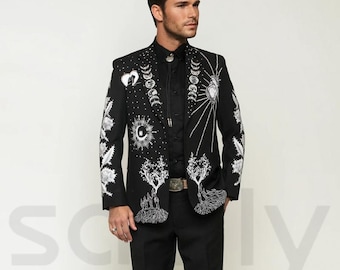 Men's Embroidered Celestial Western Suit, Black Blazer, Moon & Stars (Two Piece)