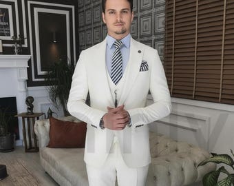 Men’s Off White Three-Piece Suit – Stylish Wedding, Party and Business Wear Outfit