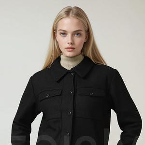 Women Black Tweed Winter Shacket – Stylish Vintage Wool Jacket