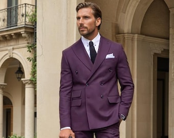 【VINTAGE】 double breasted setup purple Wedding Men's Purple Suits 2 Pieces Slim Fit Double Breasted