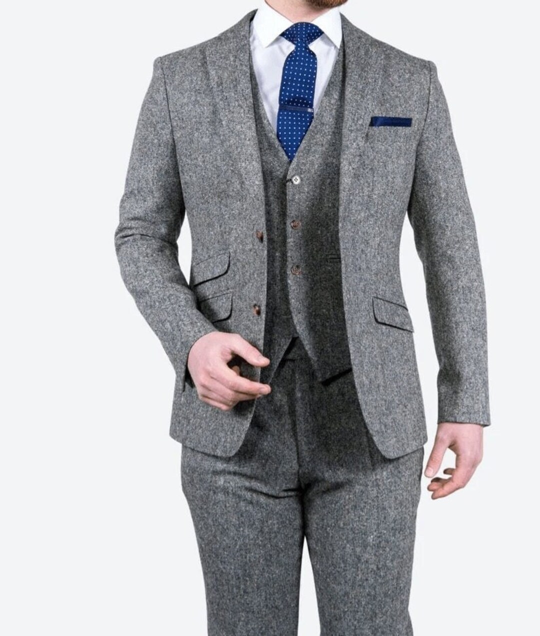 Men’s Two Button Vested Vintage Style Tweed Wedding Suit in Grey – Classic 3 Piece Formal Suit