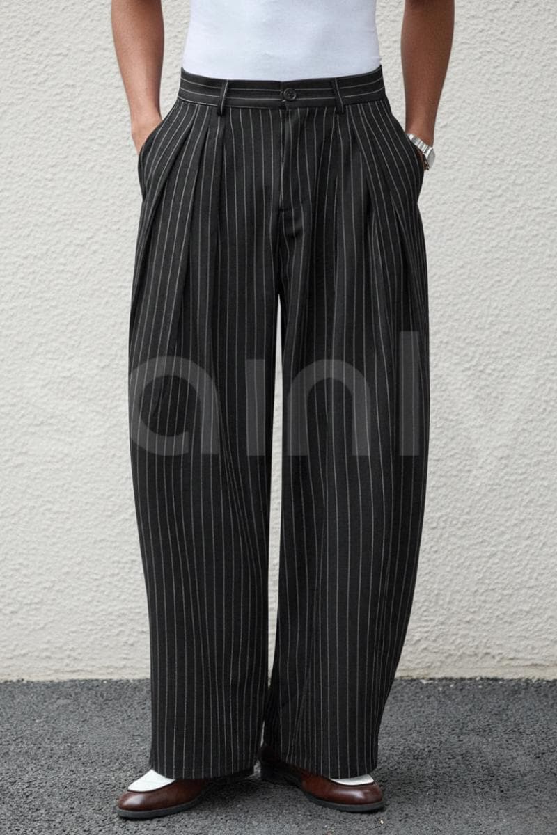 Men Black Striped Wide Leg Pleated Trousers | Loose Baggy Formal