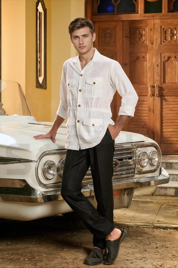 sachin and babi light blue dress Men White Linen Safari Shirt – Classic 4-pocket Summer Wear