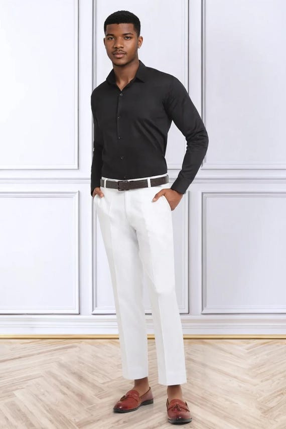 mens white dress pants slim fit product info and reviews Vinci Mens All White Flat Front Pants ON-900 34W 30L White
