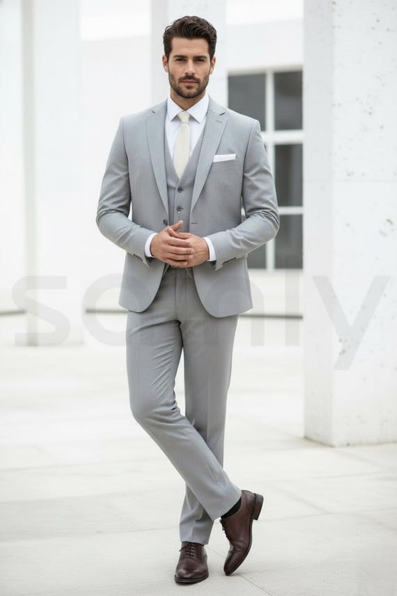 medium grey dress Men's Three-Piece Wedding Suit, Elegant Formal Tuxedo with Vest Chemo turban