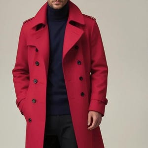 Mens Stylish Tweed Double Breasted Red Trench Coat Winter Overcoat & Classic Tweed Jacket Business Professional And Casual Wear Gift For Him
