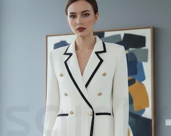Weißer Zweireiher Blazer Set für Frauen, Eleganter Business Anzug, Chic Office Wear Geschenk für Sie