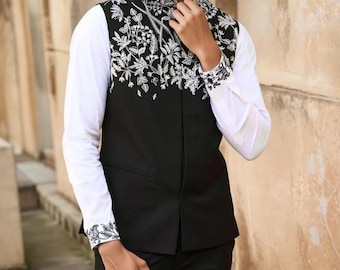 Men's Embroidered Suit Set, Black Floral Jacket, Traditional Wedding Outfit