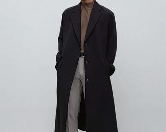 メンズ ブラック ウール オーバーコート：ヴィンテージ ロングトレンチ