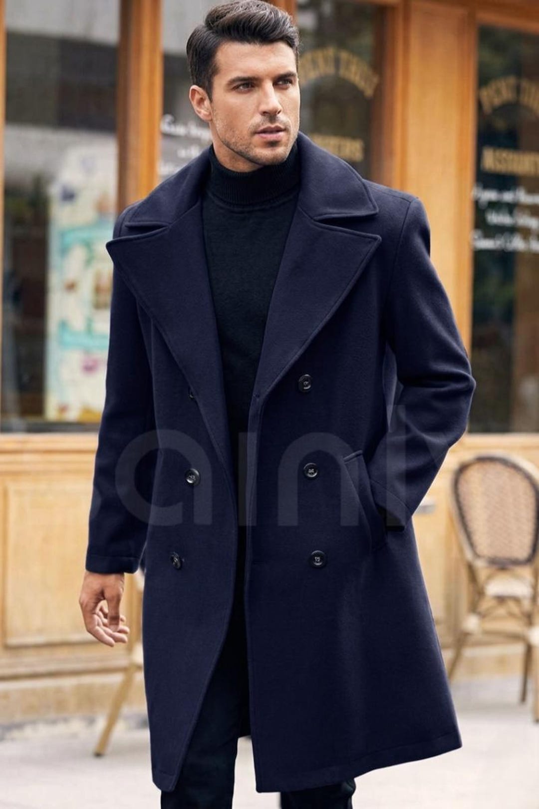 新品未使用OVERSIZED BAL COLLAR LONG COAT ネイビー Men's Dark Navy Blue Long Overcoat Elegant Tailored Winter Coat