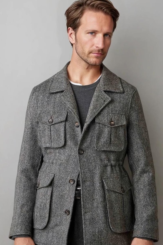 Men's Gray Herringbone Tweed Shacket: Vintage Wool Cargo