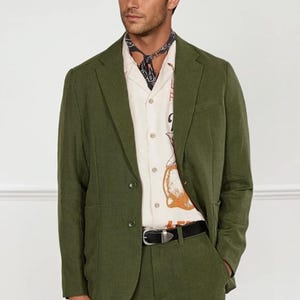 Men Linen Olive Green Suit Two Piece Suit Beach Wedding Event Linen Suits Summer Suit