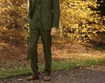 Men Tweed Green Suit, Tweed Wedding Suit, 3 Piece Suit, Wedding Suits, Men Dinner Suits, Groom Men Winter Suits, Men Slim Fit Suits