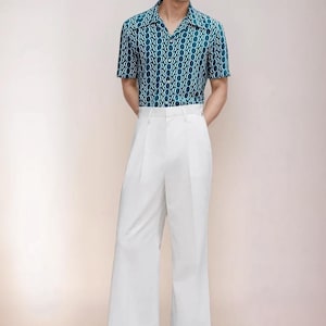 Men White High Waisted Side Buckle Flare Trousers Elegant White Bellbottom Pants Custom Made For Wedding Party Nightouts