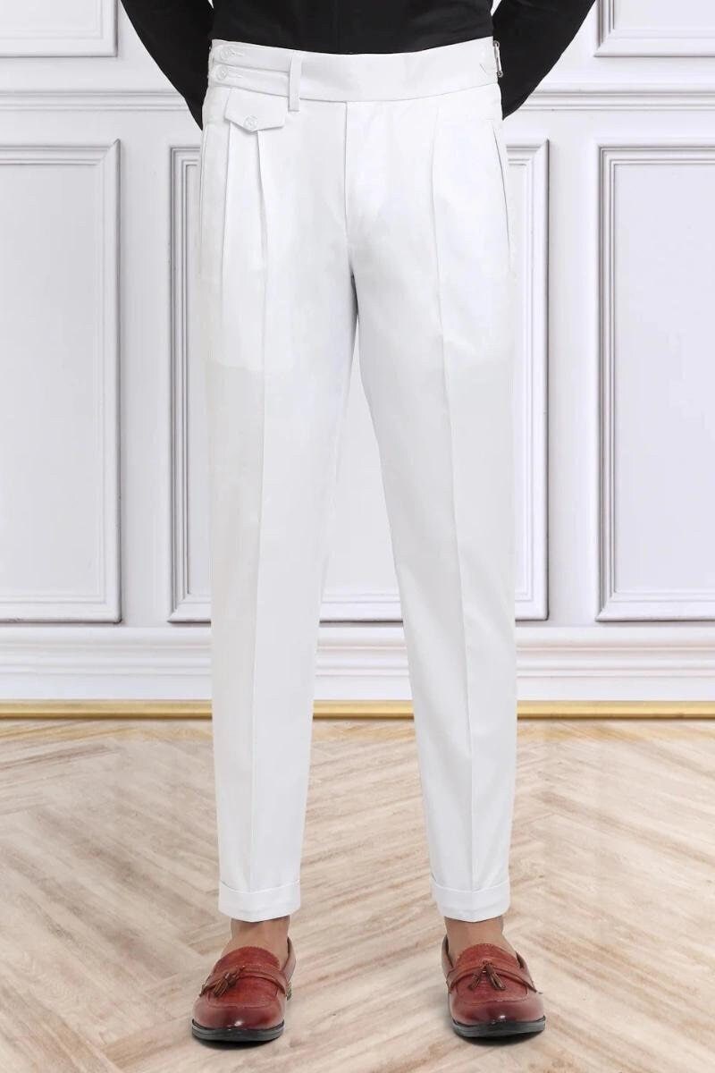 Men's White Gurkha Pants: High Waist Double Pleat Formal Trousers