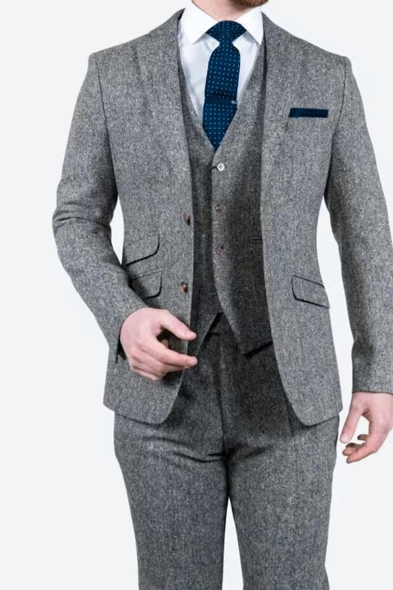 Men Tweed Grey Three Piece Suit Wedding Suit Party Wear Suit