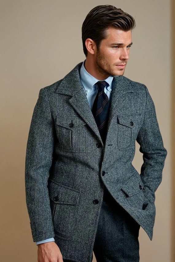 Mens Herringbone Tweed Shacket: British Safari Style Wool Jacket