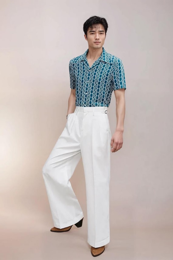 white high waisted dress pants Men's Flare Trousers: Bellbottom classy high waist formal pants men