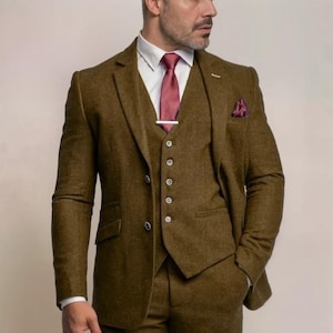 Men Stylish Three Piece Suit & Coffee Brown Tweed Wedding Suit Dinner Party Suit