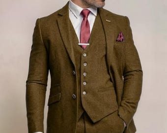 Men's Coffee Brown Tweed Suit: Stylish Three Piece Wedding Dinner Party Suit