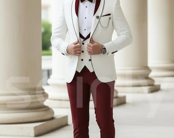 Men’s Off White Contrast Tuxedo Three-Piece Suit – Wedding Party Formal Wear Outfit