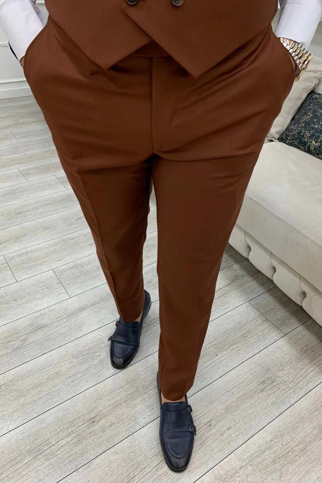 brown slim fit dress pants Taylor Textured Dress-Caramel – Boutique 54 main image 1