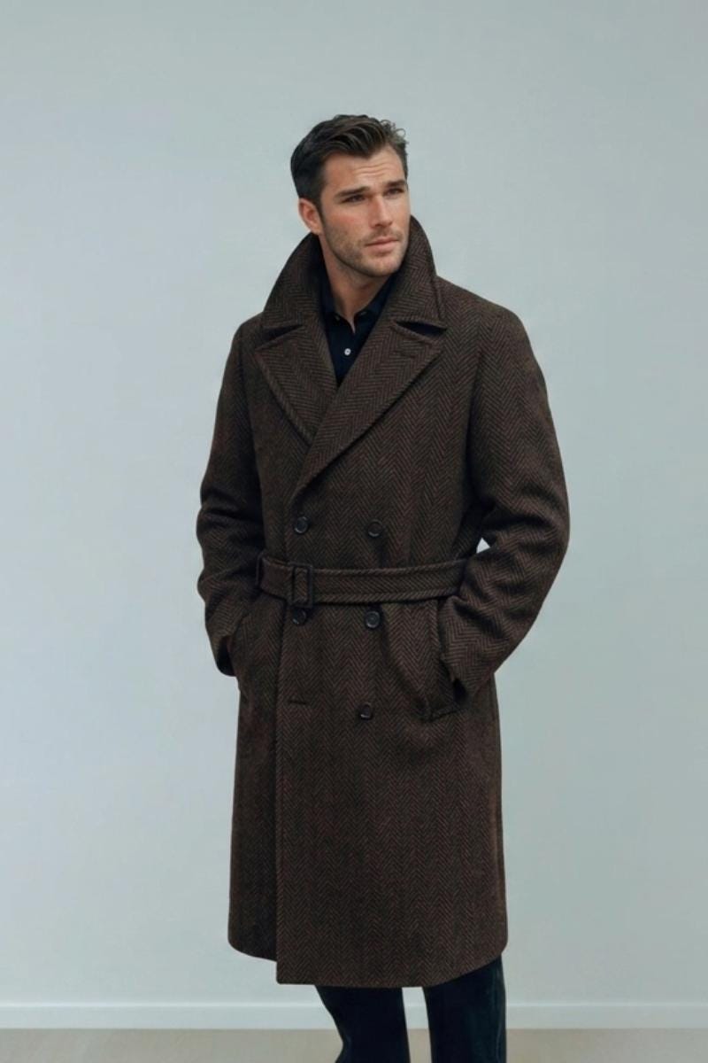 Men Herringbone Coffee Brown Double Breasted Long Coat Tweed