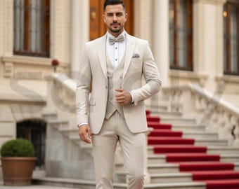 メンズ ベージュ 3ピーススーツ – スリムフィット 結婚式・ビジネス