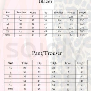 May include: A size chart for women's blazers and pants, with measurements in inches. The chart includes sizes XS to XXL, detailing chest/bust, waist, hip, shoulder, sleeve, thigh, knee, and length measurements for each size. The text "Women Suit Size Chart" is at the top.