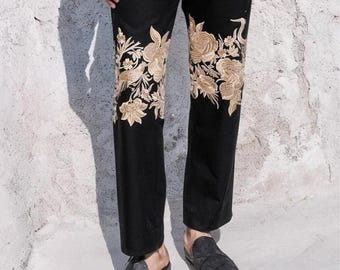 Men's Embroidered Black Stylish Pants: Festive Party Trousers