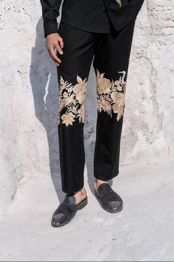 black and gold dress pants mens Men's Embroidered Stylish Pants: Festive Party Trousers gold accent black and gold tuxedo