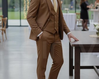 Bruin driedelig herenkostuum voor bruiloften, bruidegomkleding en elegante formele kleding