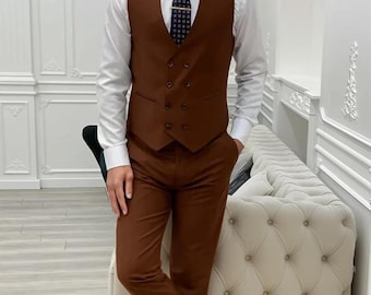 Men&#39;s Tailored Waistcoat And Pant Suit Formal Wedding Waistcoat Trouser Set & Groomsmen Brown Vestcoat Suit