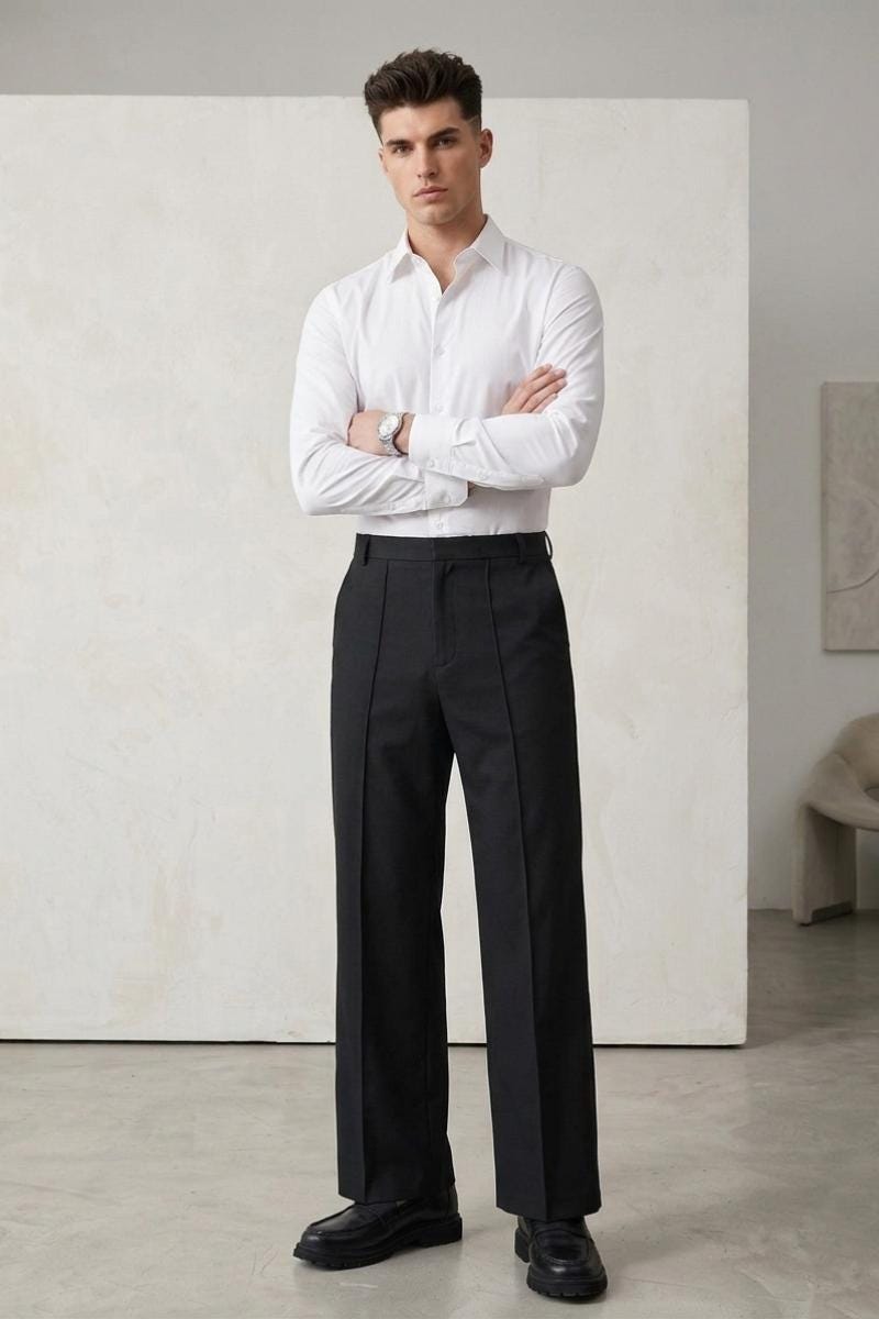 black wide leg dress pants men Men's Pintuck Trousers, 4-Way Stretch, Modern Minimalist Fit Step out of your pastel dress Barbie BFMC Classic Black Size:S (Bust 78 cm)