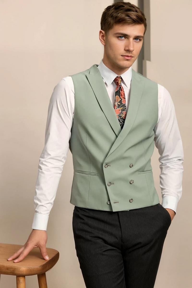 Men Sage Green Double Breasted Waistcoat Formal Wedding Waistcoat & Stylish Party Wear Waistcoat